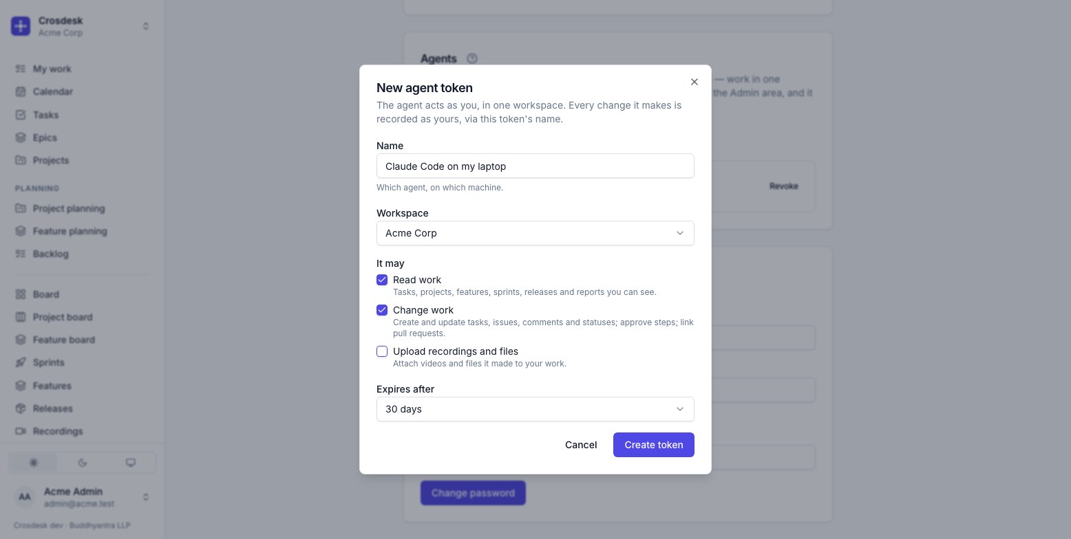 The New agent token dialog