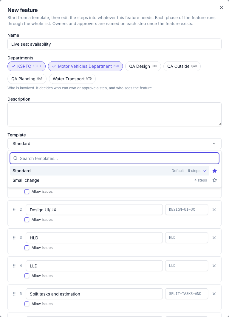 Choosing a template on New feature