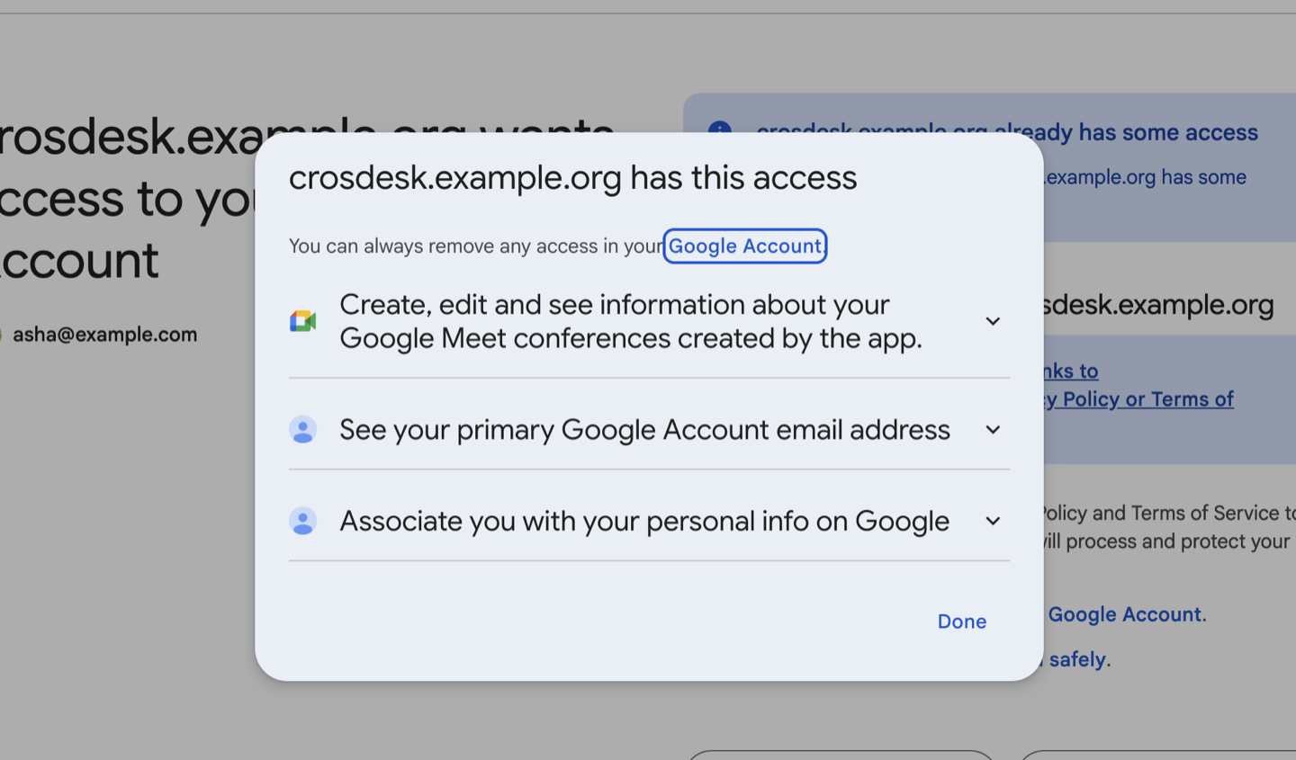 Google's permission details: app-created Meet conferences, email address and identity