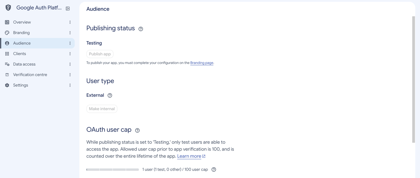 Audience showing an External app in Testing and the Publish app control