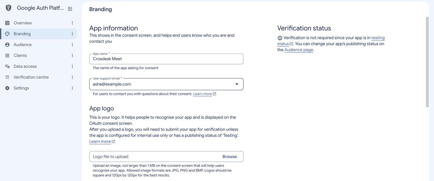 Google Auth Platform Branding with an example app name and support email