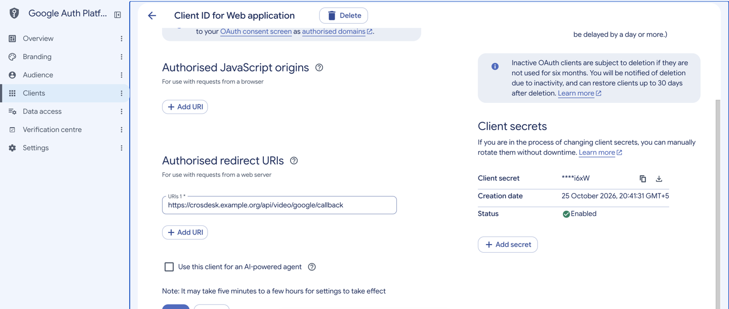 Web application client with the Crosdesk callback registered under Authorised redirect URIs