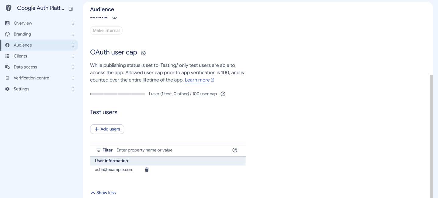 Google Auth Platform test-user list with an example Google account