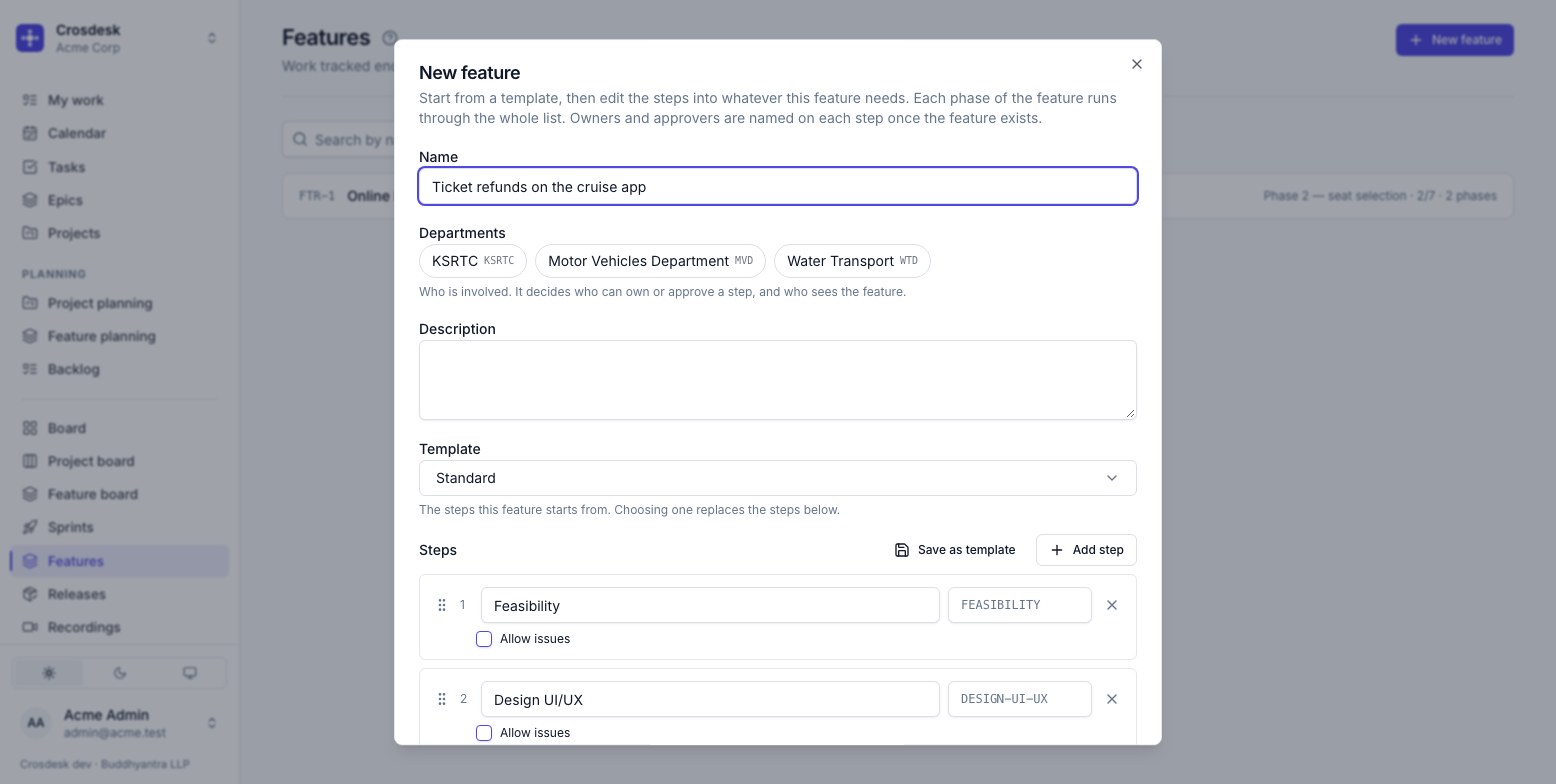 The New feature dialog, starting from the Standard template