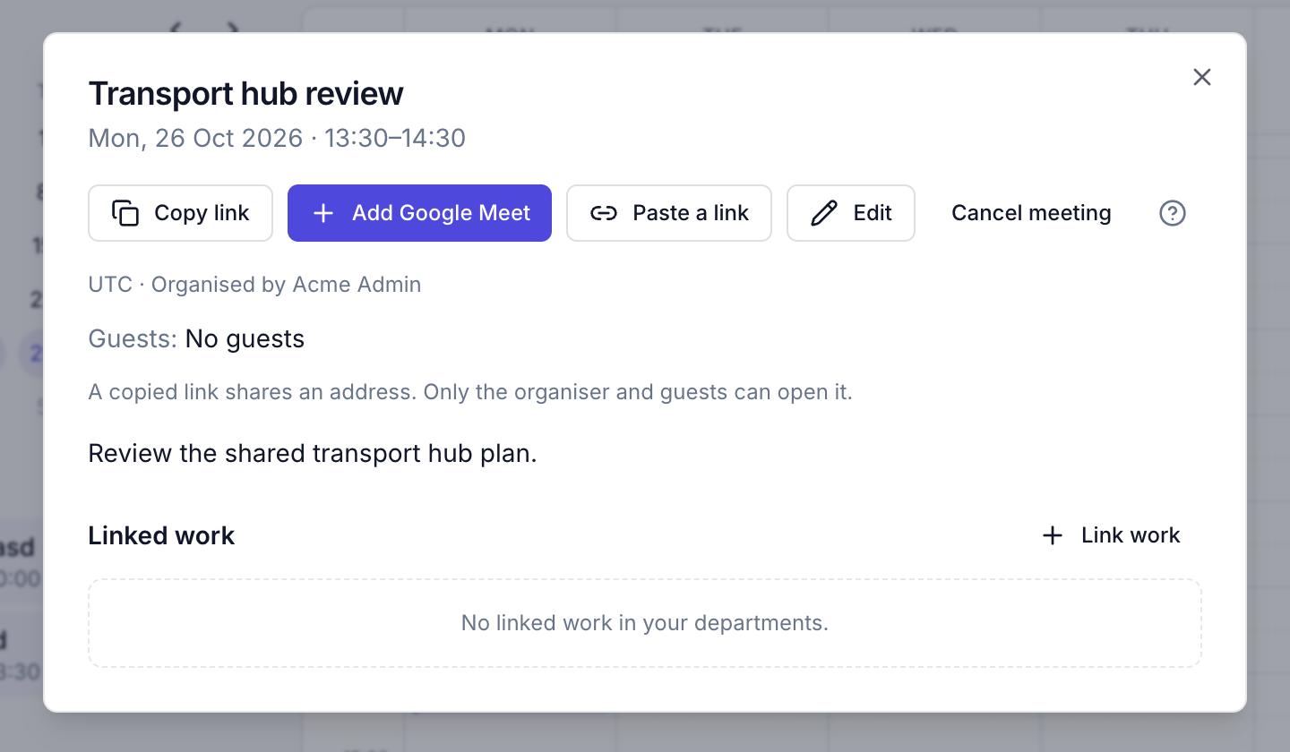 Add Google Meet directly from an existing meeting, or paste a link instead
