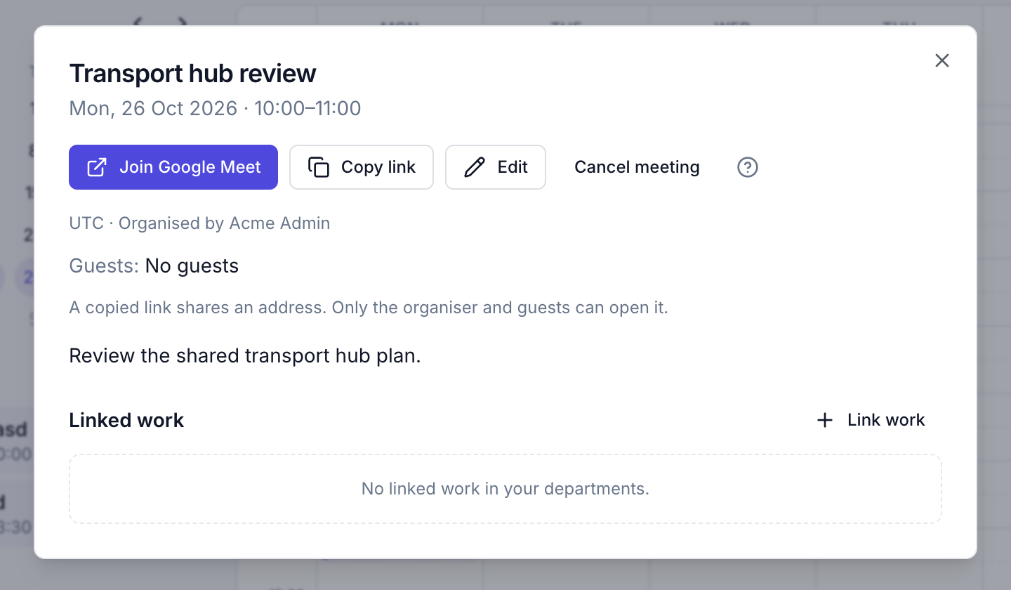 A saved Crosdesk meeting with Join Google Meet
