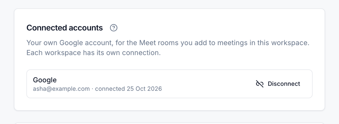 Connected Google account and Disconnect action in Crosdesk