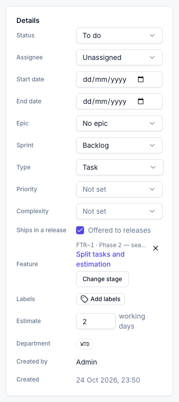 A task's Feature field, linked to a stage