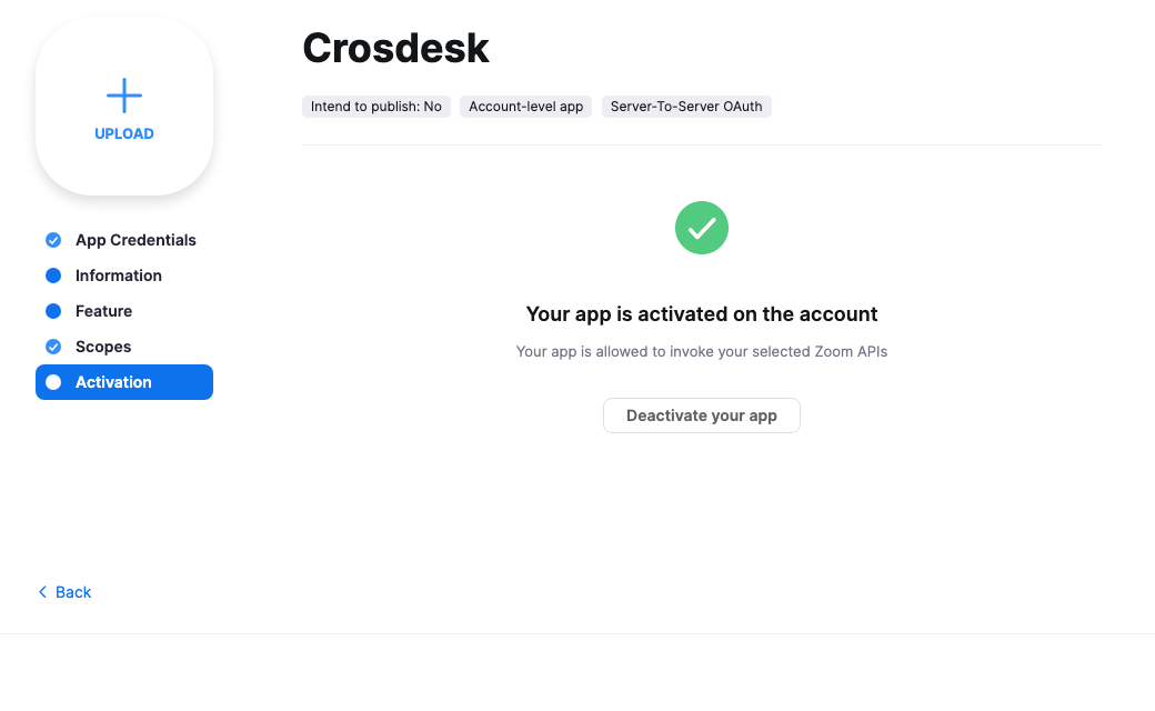 Zoom app Activation page confirming the app is active