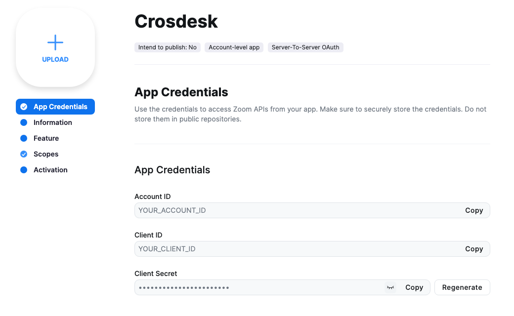 Zoom app credentials showing example Account ID and Client ID, with the Client Secret masked