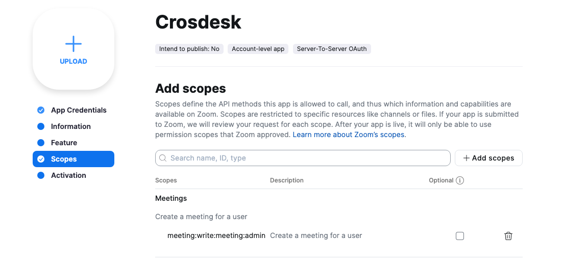 Zoom app Scopes page with the create-meeting admin scope