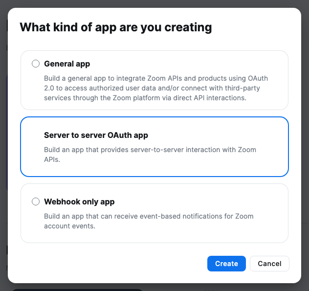 Choose Server to server OAuth app in Zoom